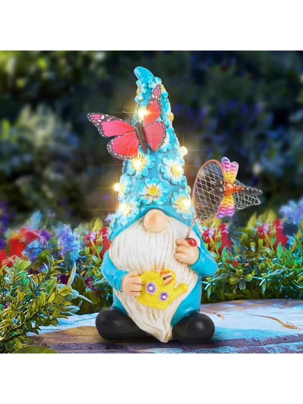 Solar Garden Gnome Statue with Butterfly & LED Flowers - Outdoor Decor for Patio